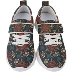 Retro Texture With Orange Flowers Floral Kids  Velcro Strap Shoes