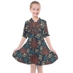 Retro Texture With Orange Flowers Floral Kids  All Frills Chiffon Dress