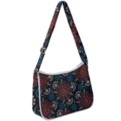 Retro Texture With Orange Flowers Floral Zip Up Shoulder Bag