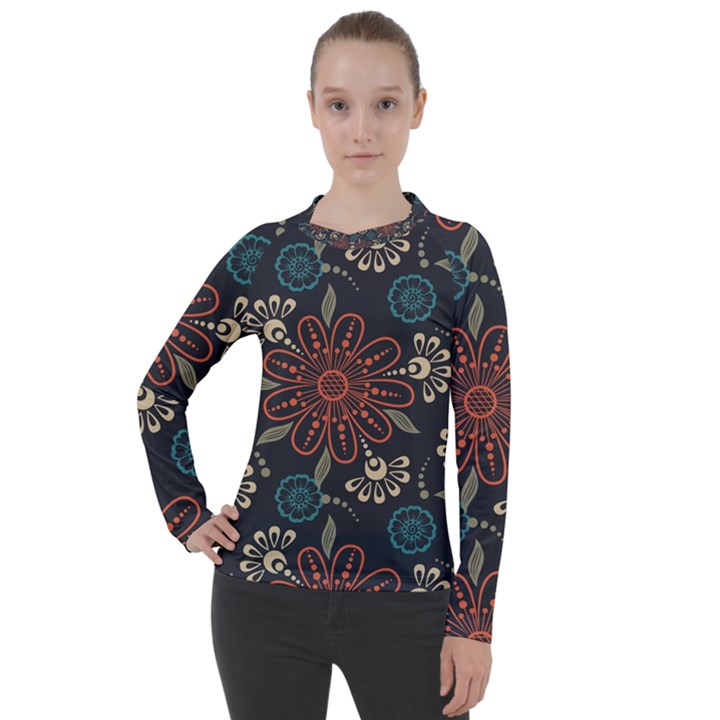 Retro Texture With Orange Flowers Floral Women s Pique Long Sleeve T-Shirt