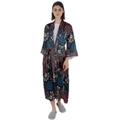 Retro Texture With Orange Flowers Floral Maxi Satin Kimono