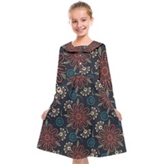 Retro Texture With Orange Flowers Floral Kids  Midi Sailor Dress