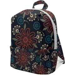 Retro Texture With Orange Flowers Floral Zip Up Backpack