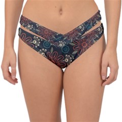 Retro Texture With Orange Flowers Floral Double Strap Halter Bikini Bottoms