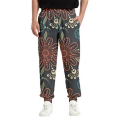 Retro Texture With Orange Flowers Floral Men s Elastic Waist Pants