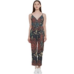 Retro Texture With Orange Flowers Floral V-neck Camisole Jumpsuit