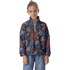 Retro Texture With Orange Flowers Floral Kids  Half Zip Hoodie