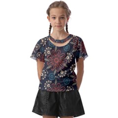 Retro Texture With Orange Flowers Floral Kids  Front Cut T-shirt