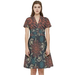 Retro Texture With Orange Flowers Floral Short Sleeve Waist Detail Dress