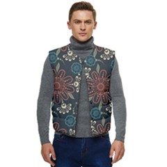 Retro Texture With Orange Flowers Floral Men s Button Up Puffer Vest	