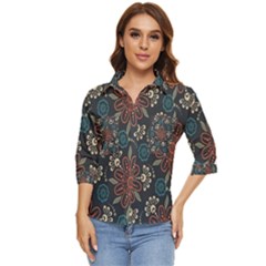 Retro Texture With Orange Flowers Floral Women s Quarter Sleeve Pocket Shirt