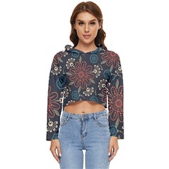 Retro Texture With Orange Flowers Floral Women s Lightweight Cropped Hoodie