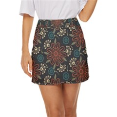 Retro Texture With Orange Flowers Floral Mini Front Wrap Skirt