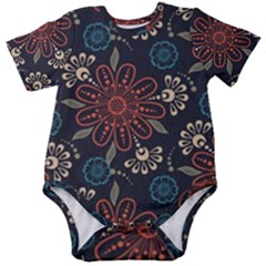 Retro Texture With Orange Flowers Floral Baby Short Sleeve Bodysuit