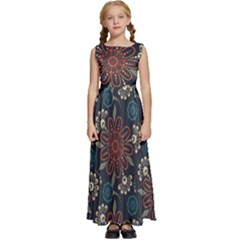 Retro Texture With Orange Flowers Floral Kids  Satin Sleeveless Maxi Dress