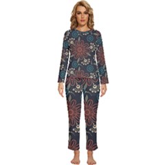 Retro Texture With Orange Flowers Floral Womens  Long Sleeve Lightweight Pajamas Set