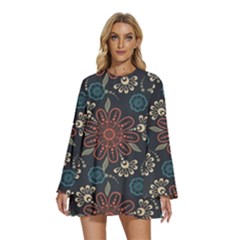 Retro Texture With Orange Flowers Floral Round Neck Long Sleeve Bohemian Style Chiffon Mini Dress