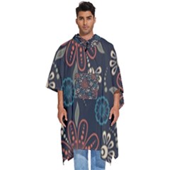 Retro Texture With Orange Flowers Floral Men s Hooded Rain Ponchos