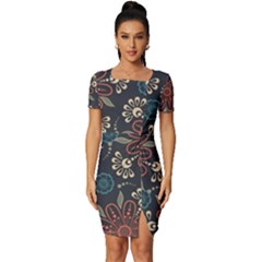 Retro Texture With Orange Flowers Floral Fitted Knot Split End Bodycon Dress