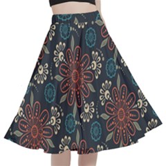 Retro Texture With Orange Flowers Floral A-line Full Circle Midi Skirt With Pocket