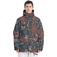 Retro Texture With Orange Flowers Floral Men s Multi Pockets Zip Ski And Snowboard Waterproof Breathable Jacket