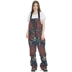 Retro Texture With Orange Flowers Floral Women s Front Zip Ski And Snowboard Bib Pants