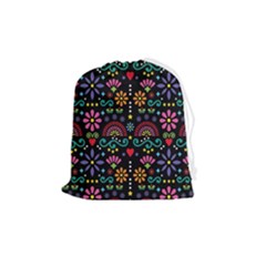 Mexican Folk Art Seamless Pattern Colorful Drawstring Pouch (medium) by Paksenen