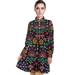 Mexican Folk Art Seamless Pattern Colorful Long Sleeve Chiffon Shirt Dress