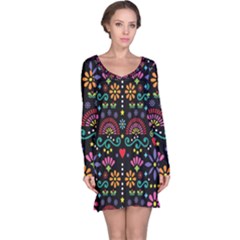 Mexican Folk Art Seamless Pattern Colorful Long Sleeve Nightdress