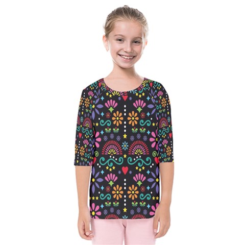 Mexican Folk Art Seamless Pattern Colorful Kids  Quarter Sleeve Raglan T-shirt by Paksenen