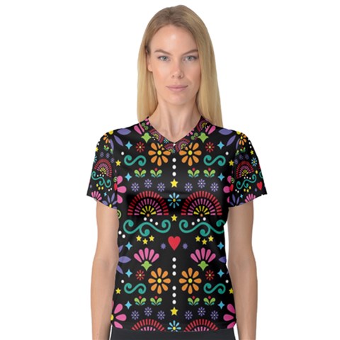 Mexican Folk Art Seamless Pattern Colorful V-neck Sport Mesh T-shirt by Paksenen