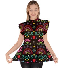 Mexican Folk Art Seamless Pattern Colorful Ruffle Collar Short Sleeve Chiffon Top