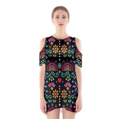 Mexican Folk Art Seamless Pattern Colorful Shoulder Cutout One Piece Dress