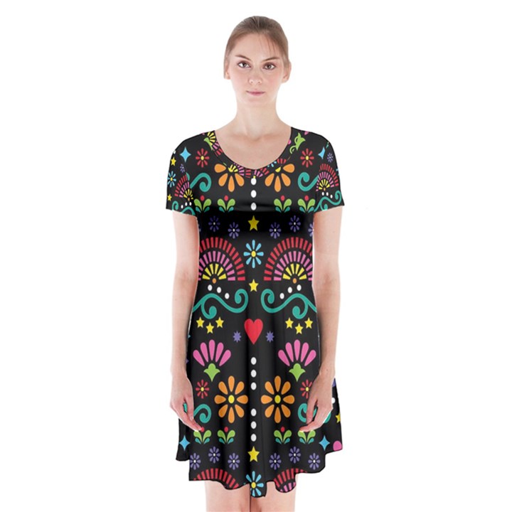 Mexican Folk Art Seamless Pattern Colorful Short Sleeve V-neck Flare Dress