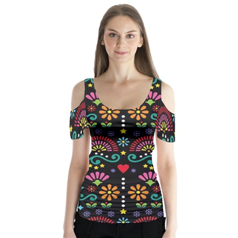 Mexican Folk Art Seamless Pattern Colorful Butterfly Sleeve Cutout T-shirt  by Paksenen