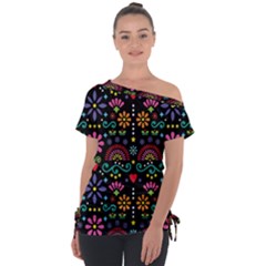 Mexican Folk Art Seamless Pattern Colorful Off Shoulder Tie-up T-shirt