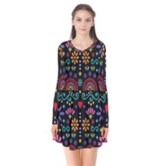 Mexican Folk Art Seamless Pattern Colorful Long Sleeve V-neck Flare Dress