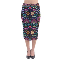 Mexican Folk Art Seamless Pattern Colorful Velvet Midi Pencil Skirt