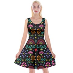 Mexican Folk Art Seamless Pattern Colorful Reversible Velvet Sleeveless Dress