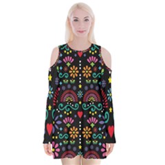 Mexican Folk Art Seamless Pattern Colorful Velvet Long Sleeve Shoulder Cutout Dress by Paksenen