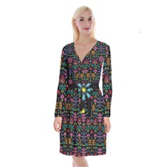 Mexican Folk Art Seamless Pattern Colorful Long Sleeve Velvet Front Wrap Dress by Paksenen