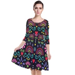 Mexican Folk Art Seamless Pattern Colorful Quarter Sleeve Waist Band Dress