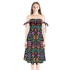 Mexican Folk Art Seamless Pattern Colorful Shoulder Tie Bardot Midi Dress