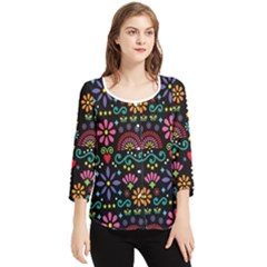 Mexican Folk Art Seamless Pattern Colorful Chiffon Quarter Sleeve Blouse