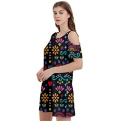 Mexican Folk Art Seamless Pattern Colorful Women s Cold Shoulder Round Neck Mini Dress