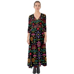 Mexican Folk Art Seamless Pattern Colorful Button Up Boho Maxi Dress