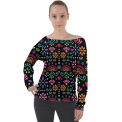 Mexican Folk Art Seamless Pattern Colorful Off Shoulder Long Sleeve Velour Top