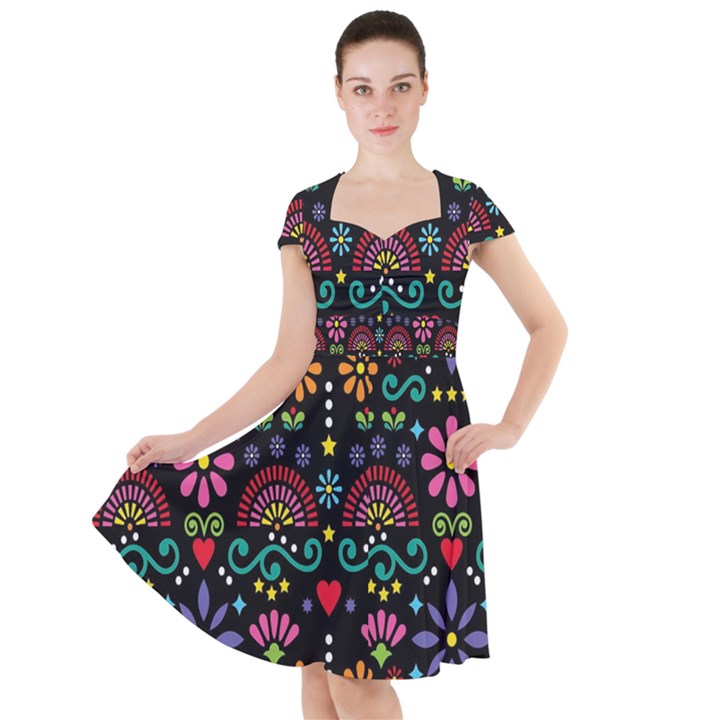 Mexican Folk Art Seamless Pattern Colorful Cap Sleeve Midi Dress