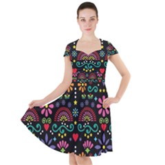 Mexican Folk Art Seamless Pattern Colorful Cap Sleeve Midi Dress With Pockets