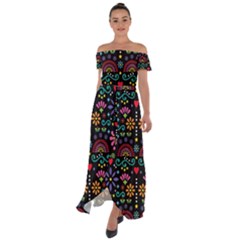 Mexican Folk Art Seamless Pattern Colorful Off Shoulder Open Front Chiffon Dress